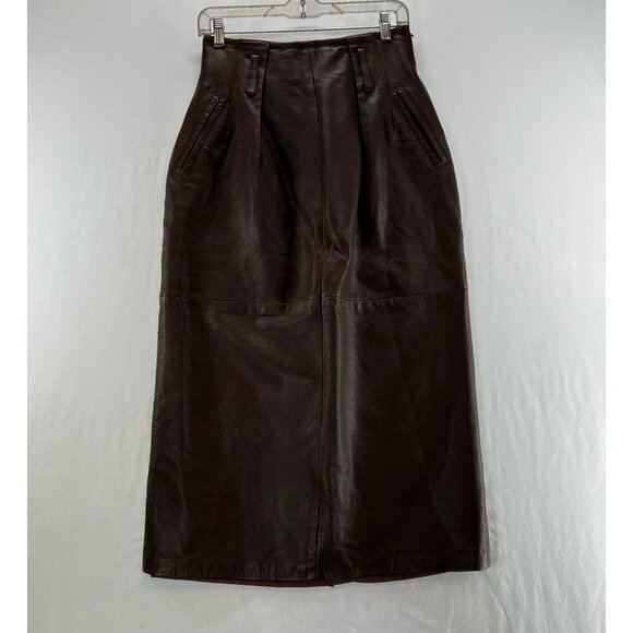 Vintage Pia Rucci Midi Skirt Womjens 10 High Waist Pleated Pockets Leather Brown - Picture 1 of 12